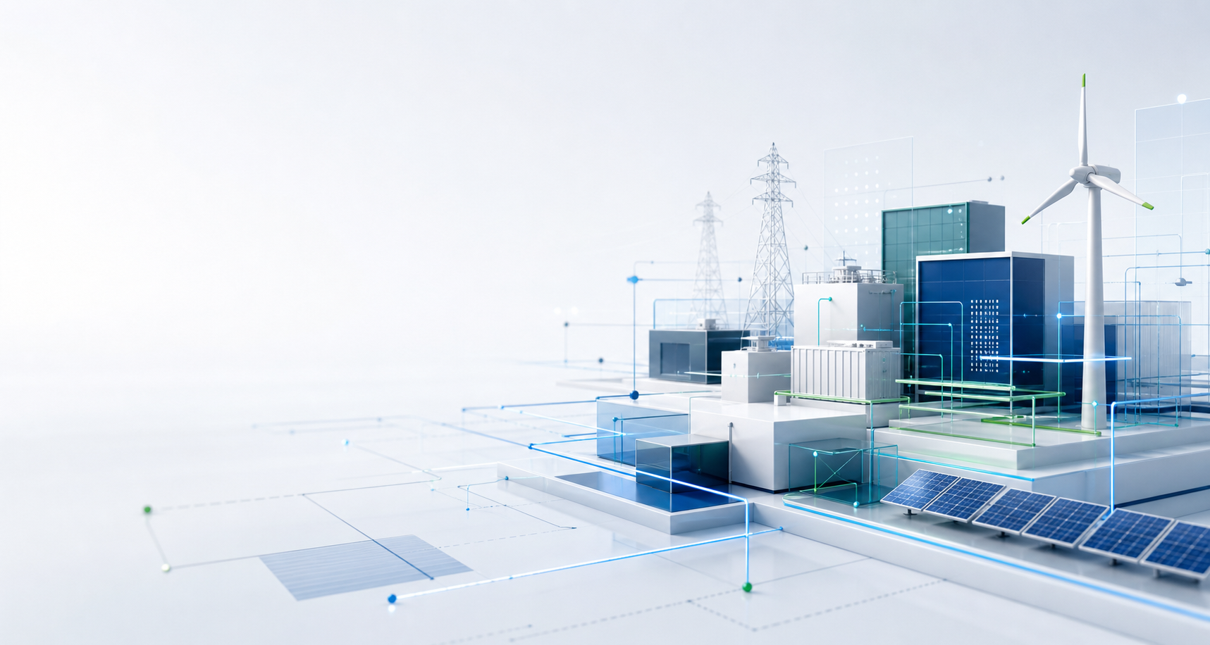 Abstraktes Energie- und Infrastrukturnetz mit Daten- und Beteiligungsstrukturen.