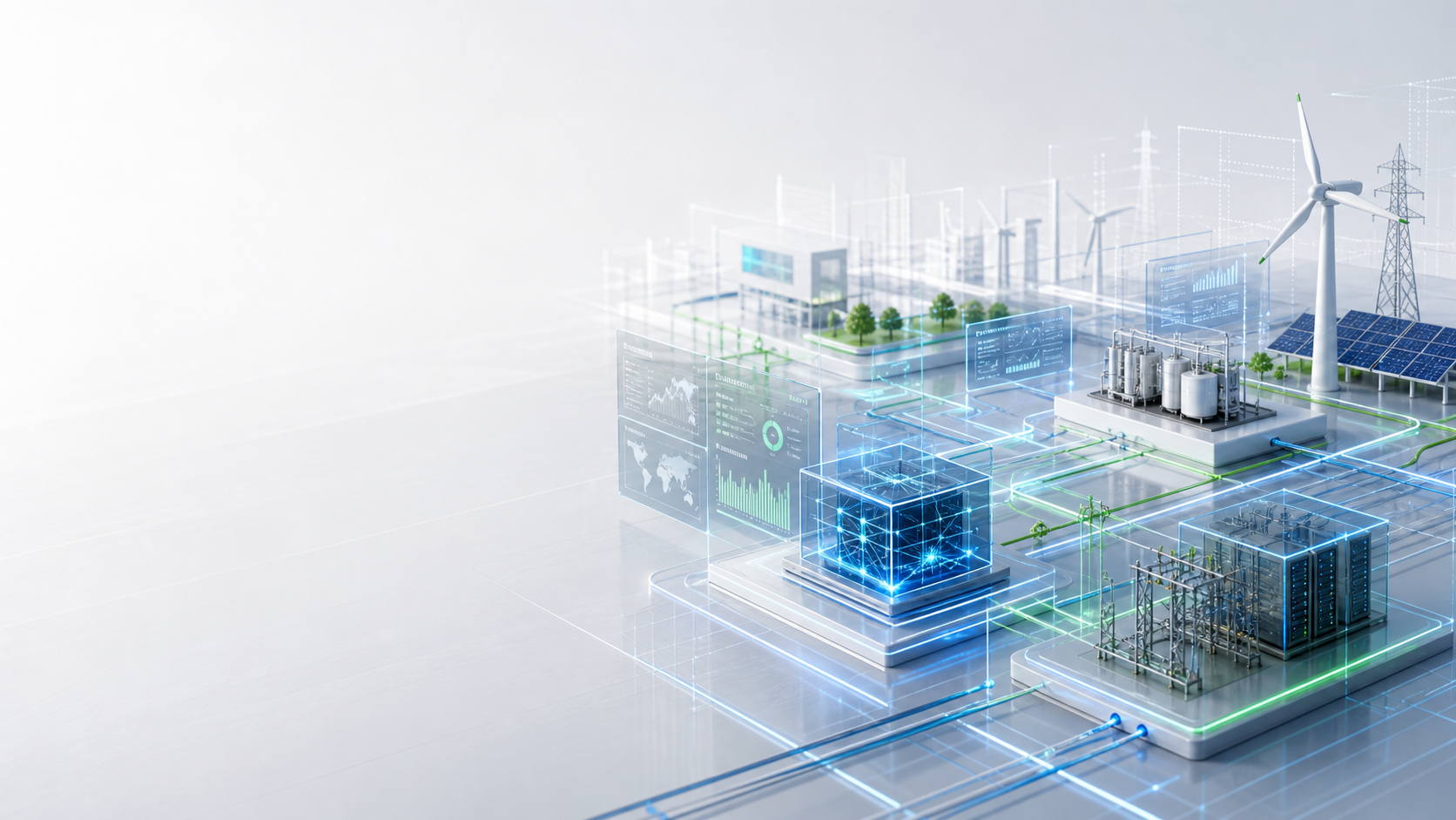 Abstrakter Innovationsraum für Energie, Infrastruktur, Daten und KI.